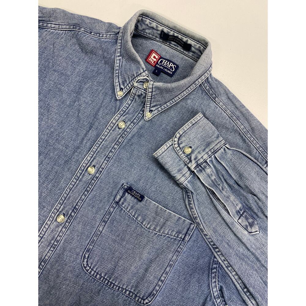 VTG 90s Men Chaps Ralph Lauren midweight cotton denim jean button up shirt L